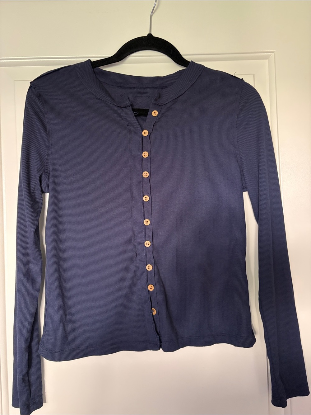 SHEIN Navy Long-Sleeve Button Down Ribbed Top